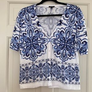 Talbots short sleeve cardigan, size L,blue and white paisley.